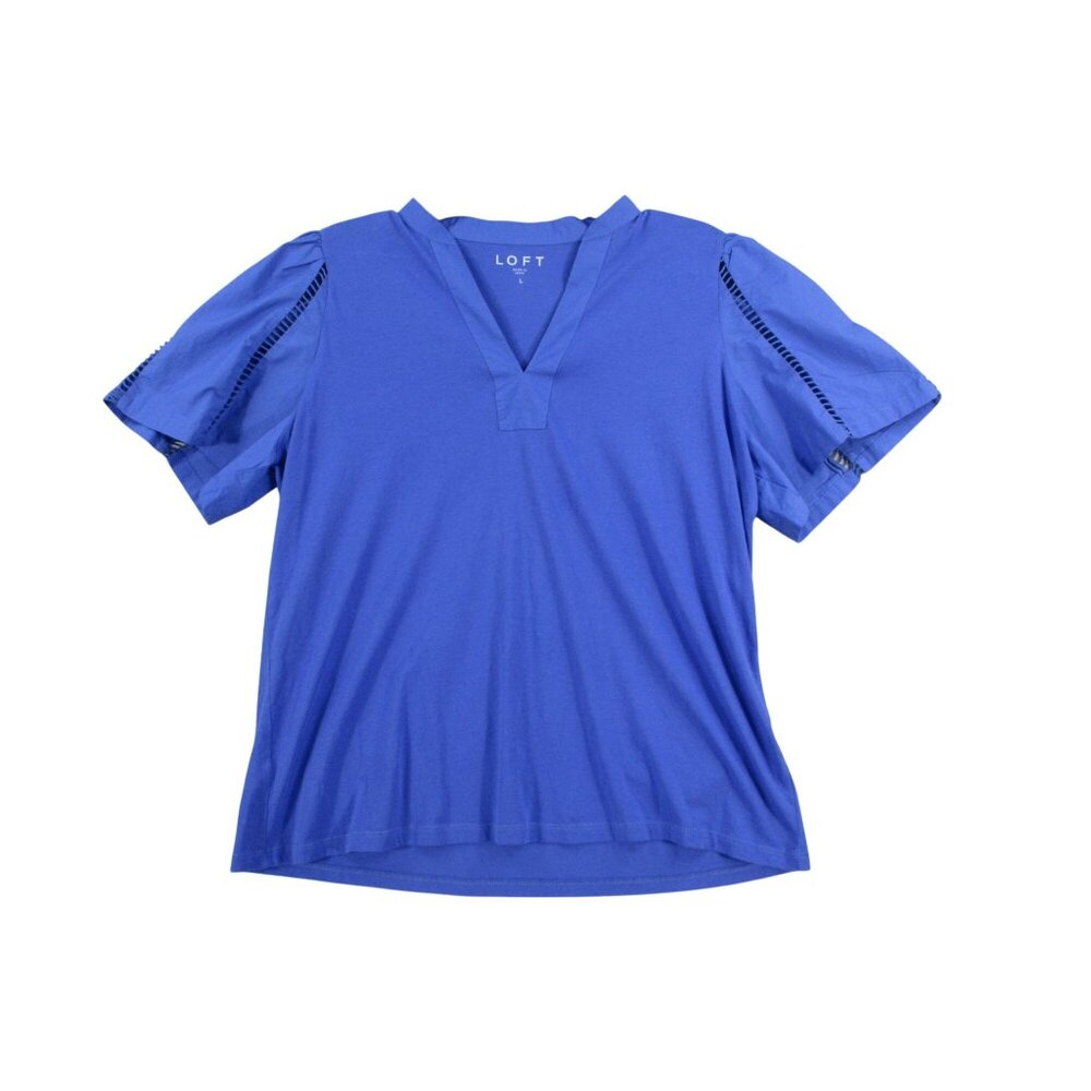 Loft Womens Blue‎ V-Neck Puff Sleeve Top Large Cotton Blend